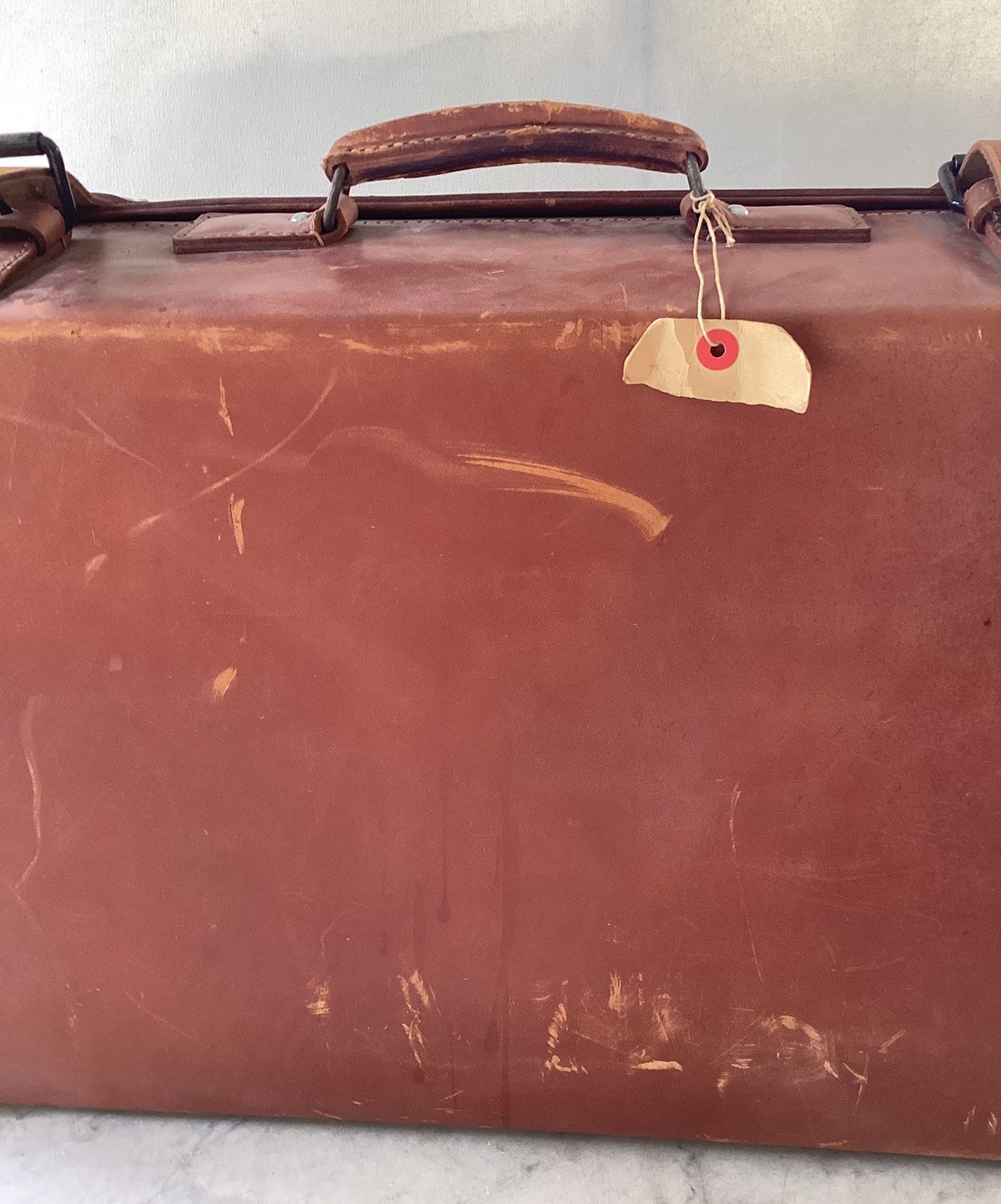 Large Antique Vintage Brown Leather Hard Case Trunk Luggage. Buckle Straps