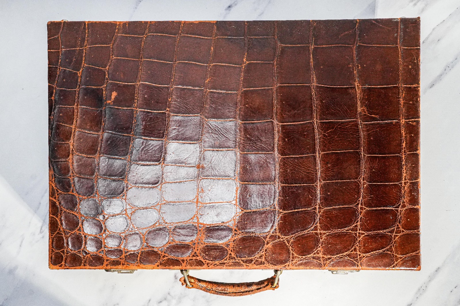 Amazing Antique Crocodile Leather Suitcase Luggage Home Decor Prop Toiletry Set