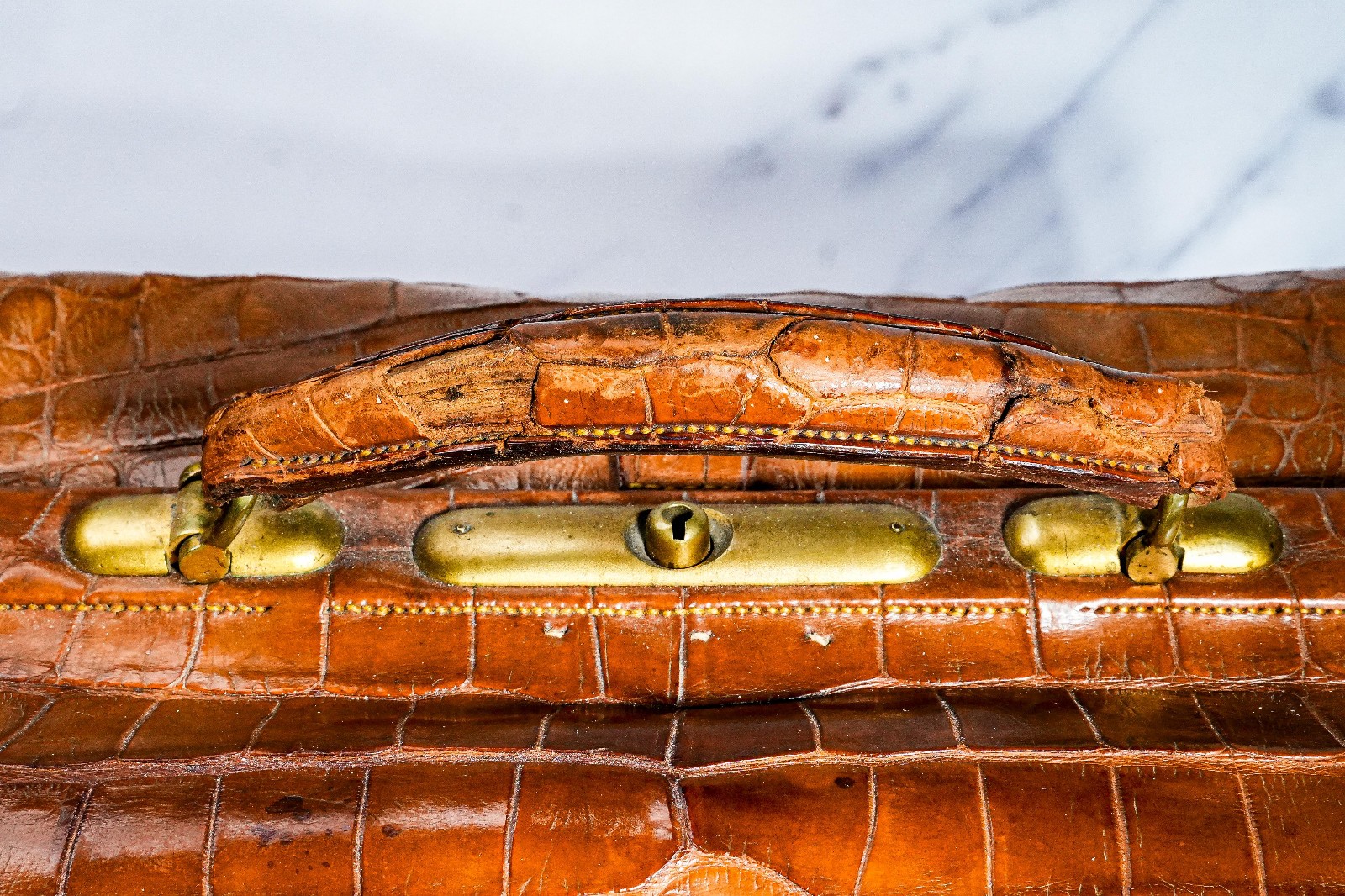 Edwardian Antique Crocodile Leather Gladstone Bag Travel Suitcase