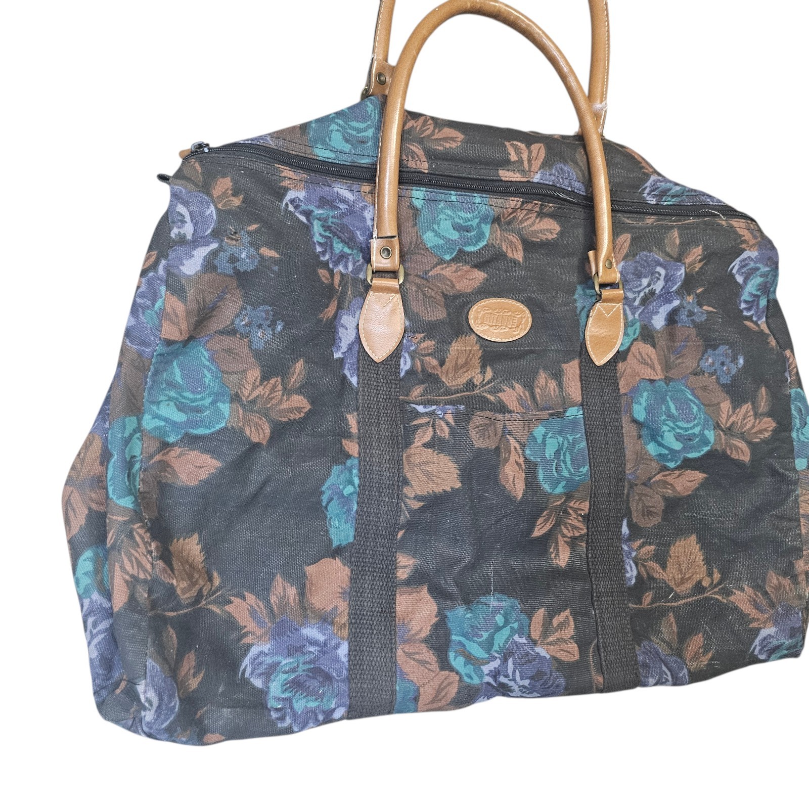 Vintage Gitano Floral Canvis Weekender Duffle Bag With Leather Handlea 90’s
