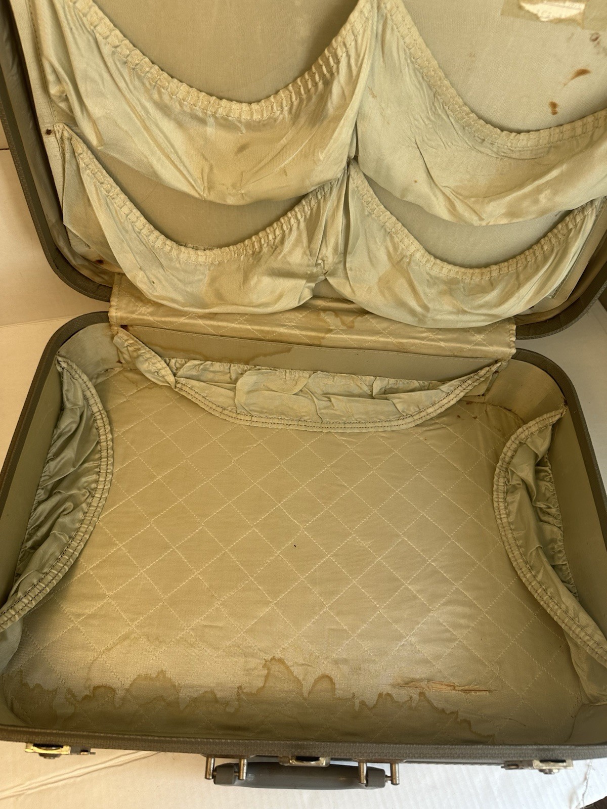 Vintage Towncraft Hard Shell Suitcase Luggage Gray Olive Green Mid Century Prop