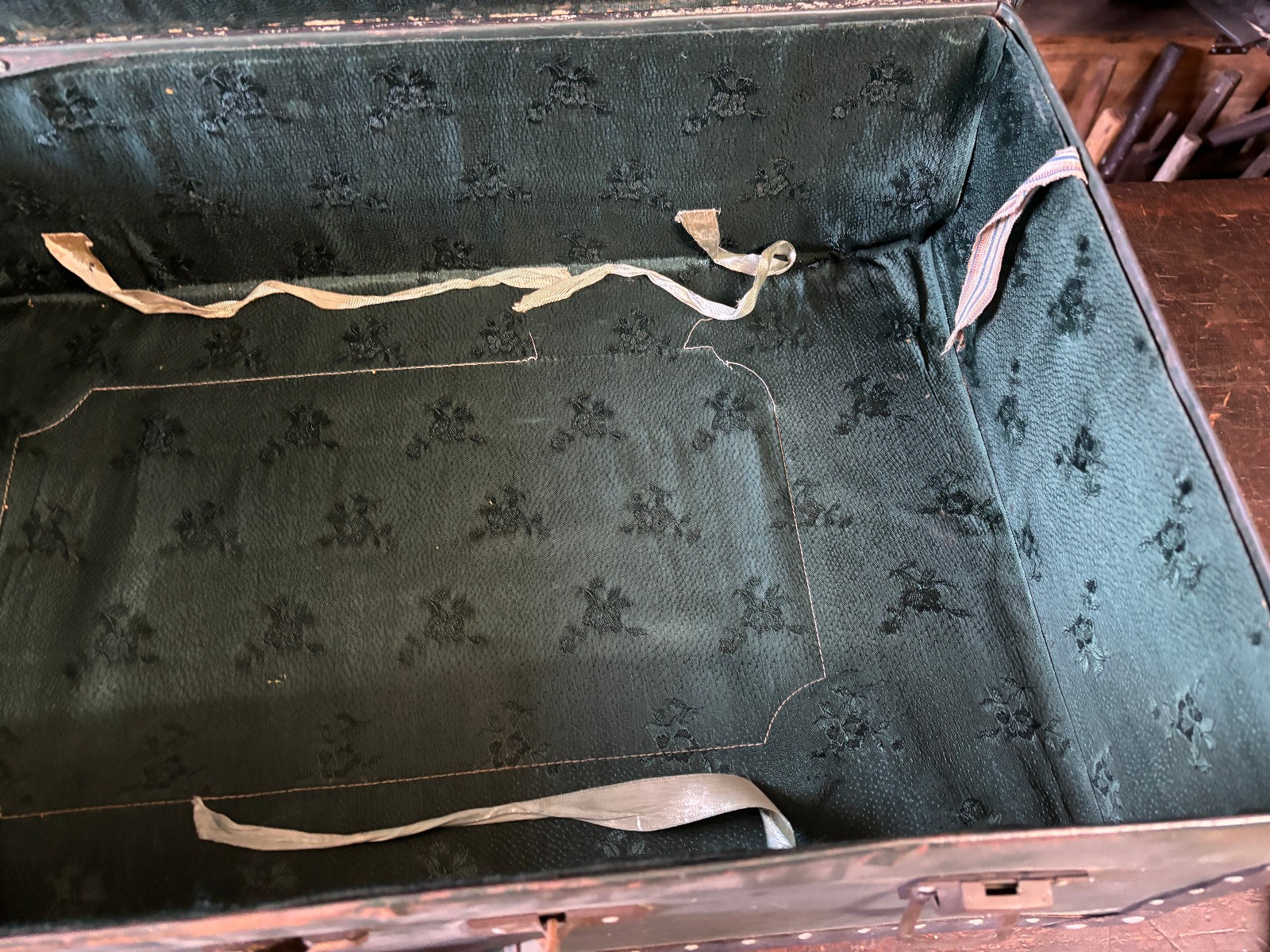 Antique Suitcase Riveted Binding Brass Hardware 1920’s Heritage Green & Black