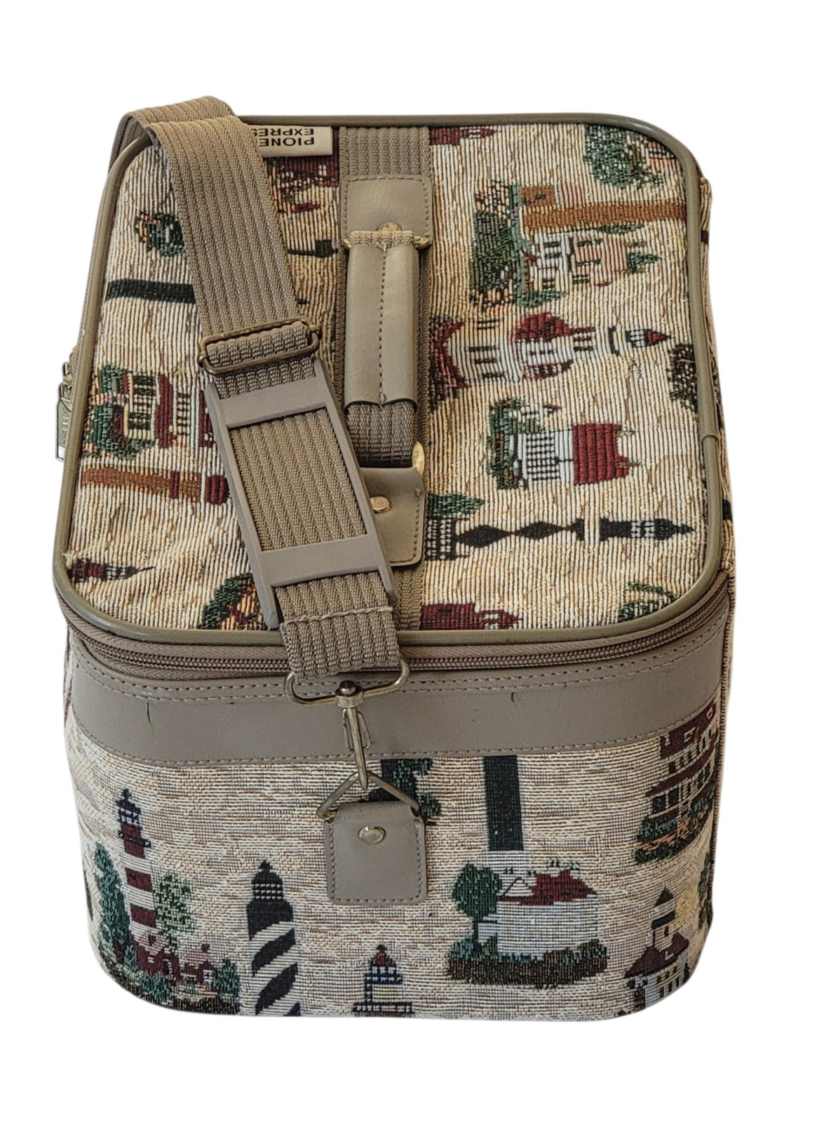 VTG Pioneer Express Toiletry Tapestry Case w/ Mirror Coastal Lighthouses Strap