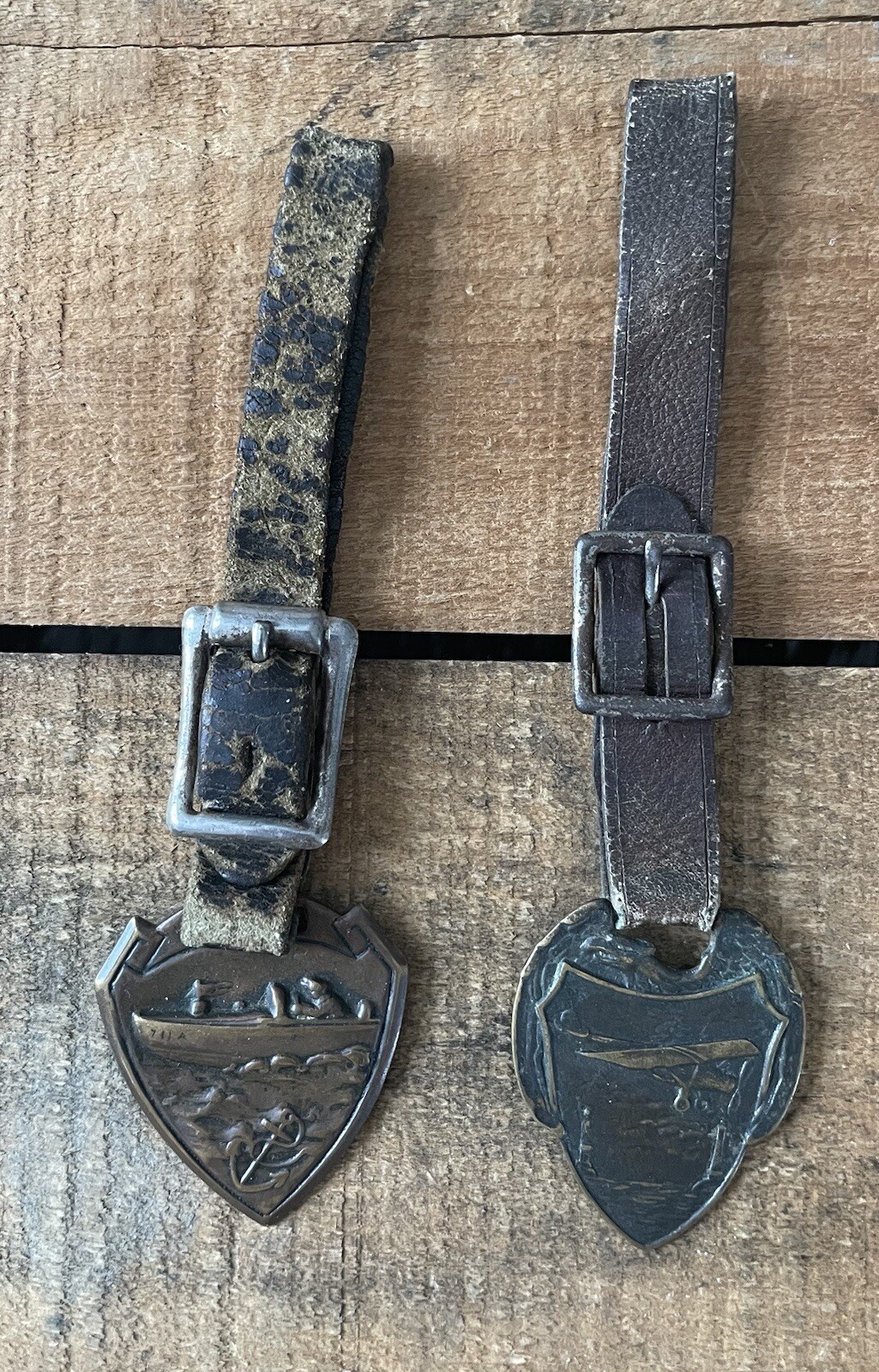 Early Pair Of Transportation Brass Boat Plane Luggage Watch Fobs Tags Badges