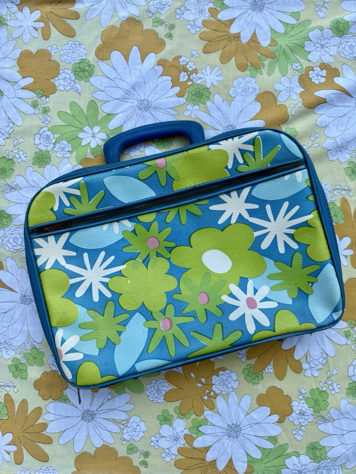Groovy Flower Power Faux Leather Vintage Suitcase 60s 70s