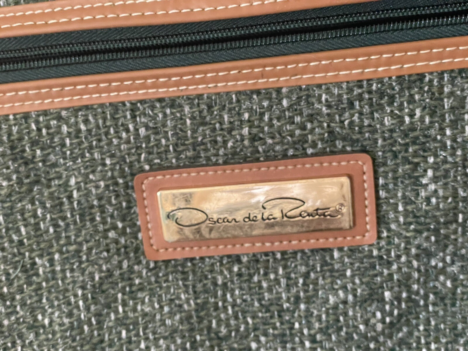 Vintage Oscar De La Renta Tan & Green Tweed Folding Garment Bag Designer Luggage