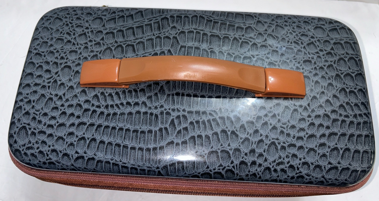 Samantha Brown Hard-sided Train Case Black & Grey w/ Brown Trim 14 x 8 x 8”