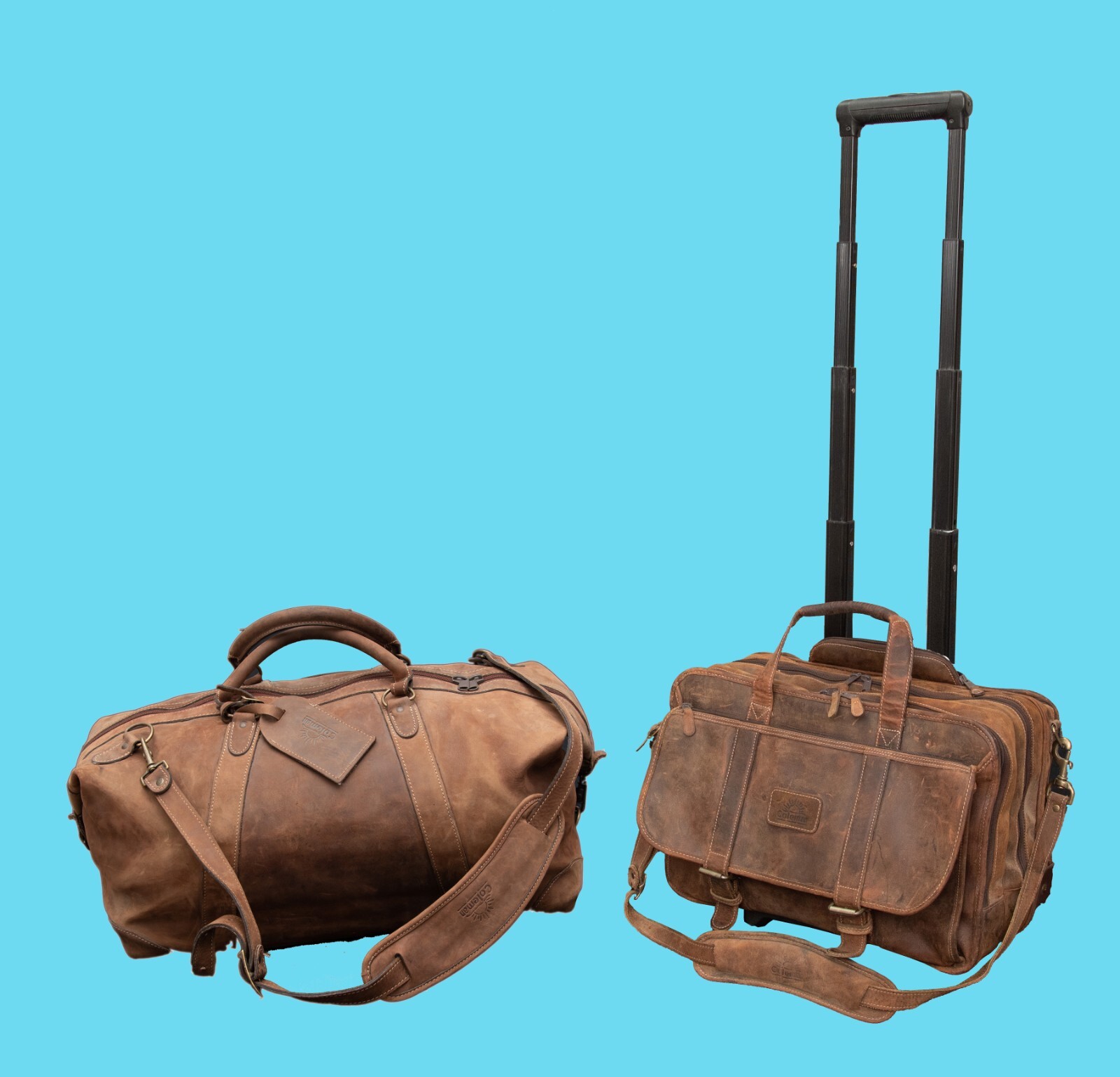 The Coleman Co. 2pc Vintage Leather Rolling Salesman Computer Bag & Duffel Bag 