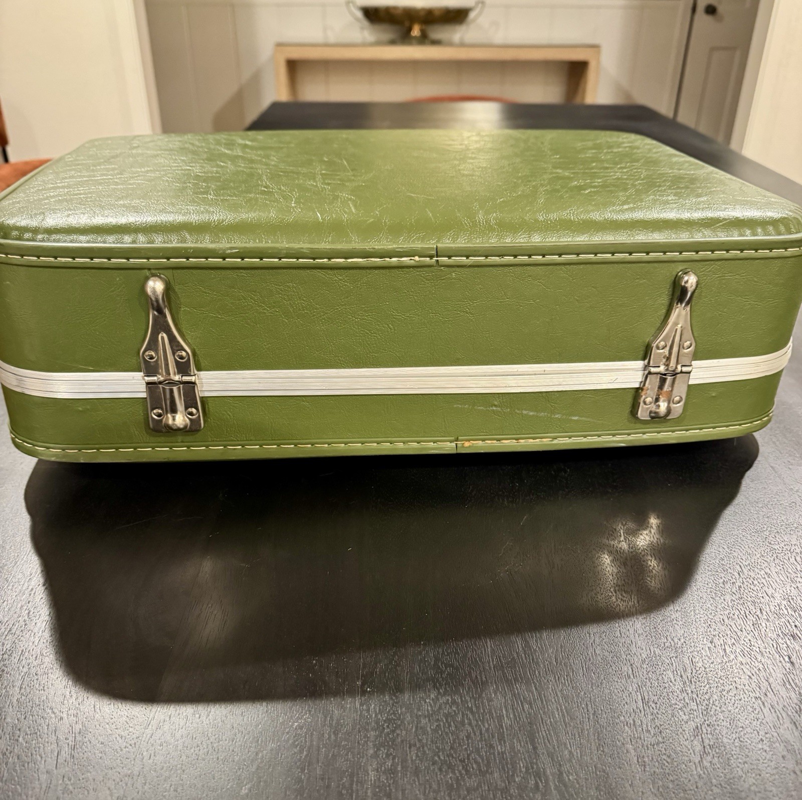 Vintage 1960s Green Vinyl Hard Shell Suitcase Set- Extra Compartments
