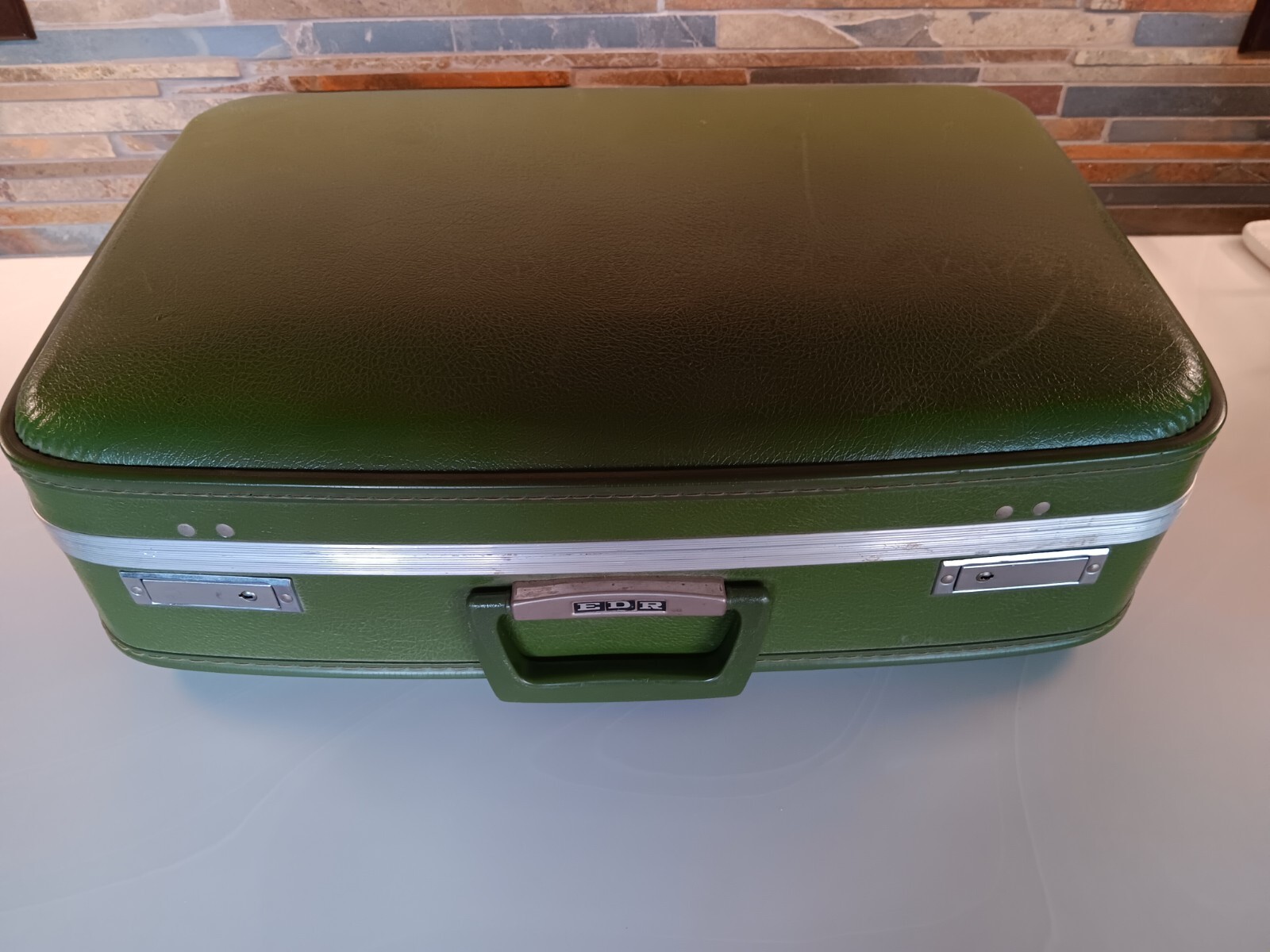 Vintage Avocado Green 2 Piece Nesting Luggage 1960s Hardshell. Initialed EDR.