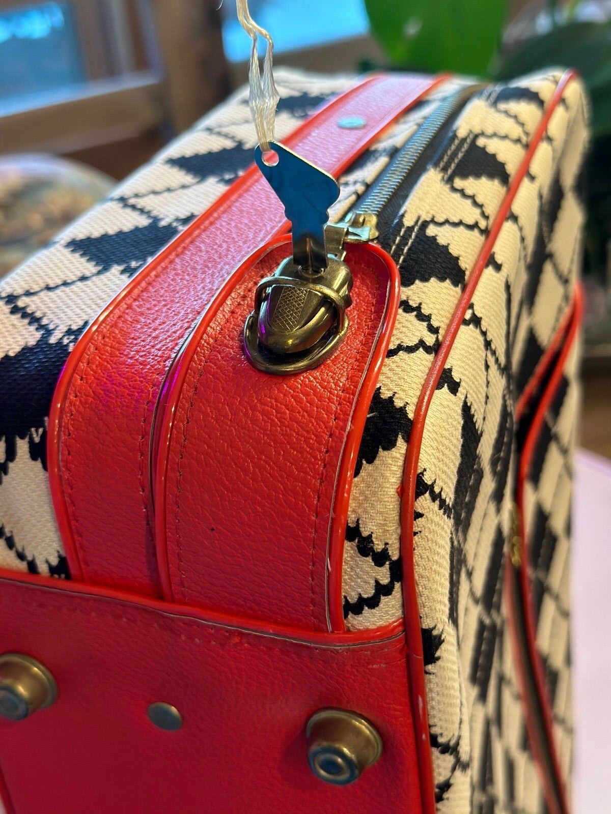 So VINTAGE and Super RETRO Traveling case Black, white pattern with RED accents!
