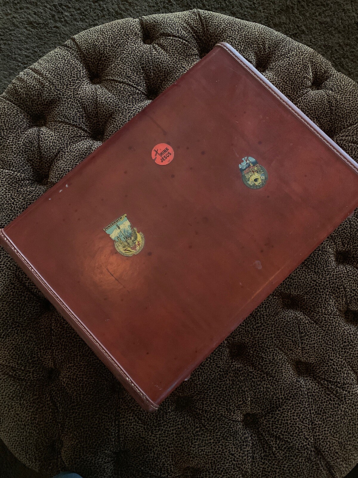 Vintage Mid Century Luggage 1950s 1960s Leather Bound With Travel Stickers