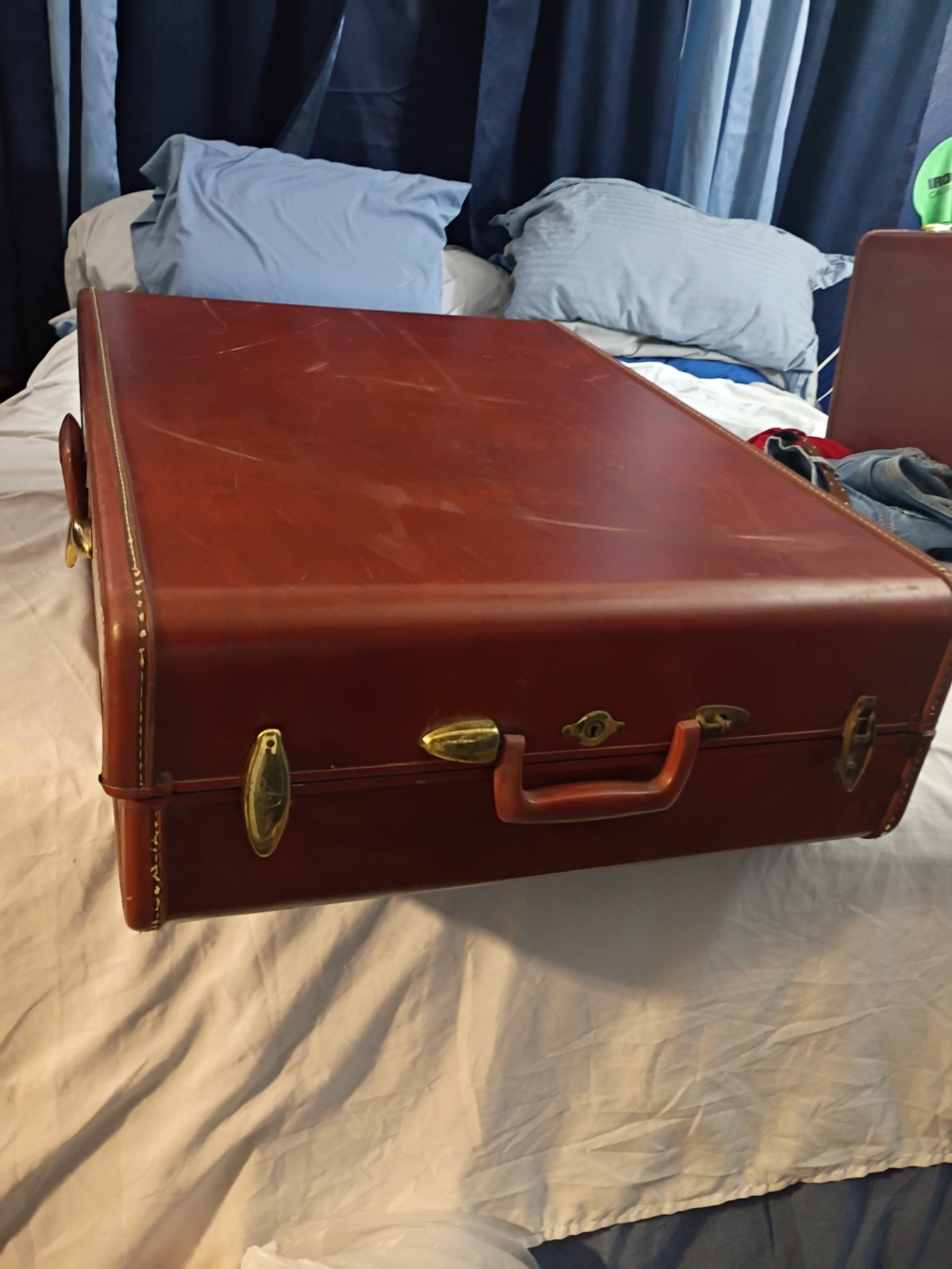 True Vintage Hard Leather Brown Suitcase with Tie-Down Straps and Brass Hardware