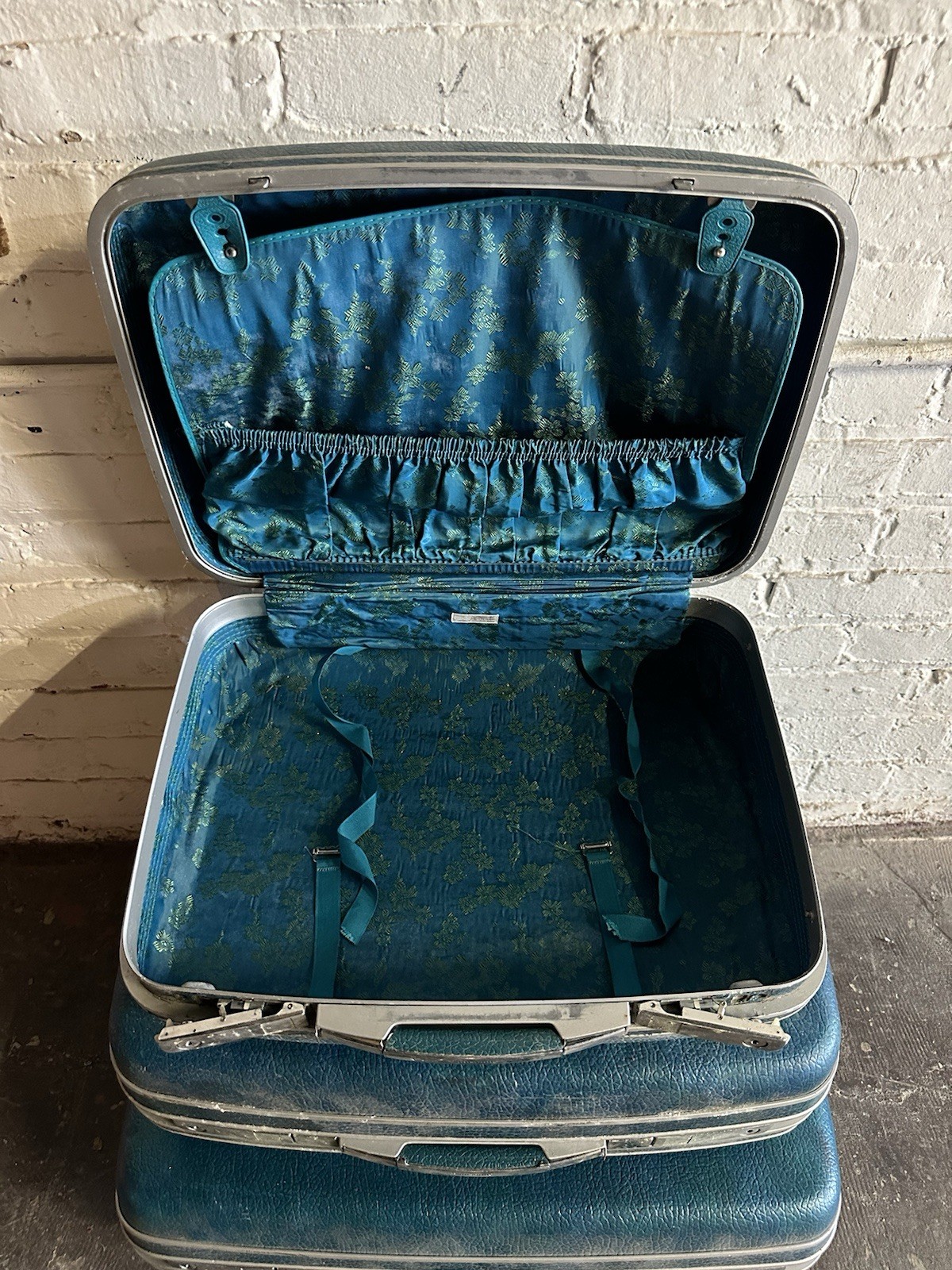 Vintage Teal Blue Green Suitcase Luggage Train Wardrobe Travel Overnight MCM MOD