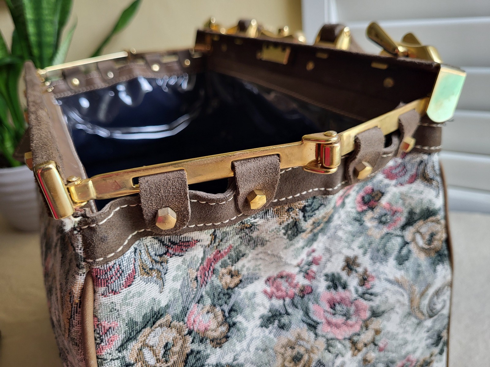 FRENCH LUGGAGE CO California Suitcase Leather and Tapestry Train Case With Key