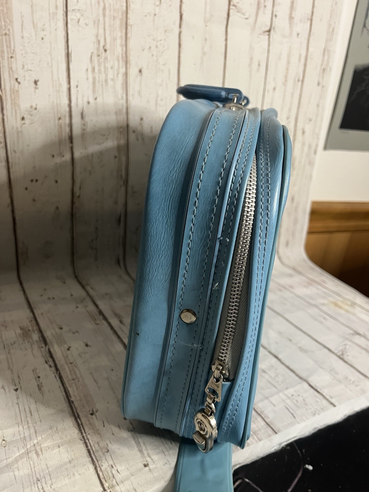 Small Suitcase Vintage Day Bag Retro Blue Vinyl Zip Up 1970s Decor Prop