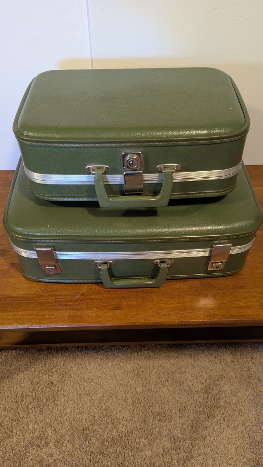 Vintage Vinyl MCM Hard Suitcases Luggage Olive Green
