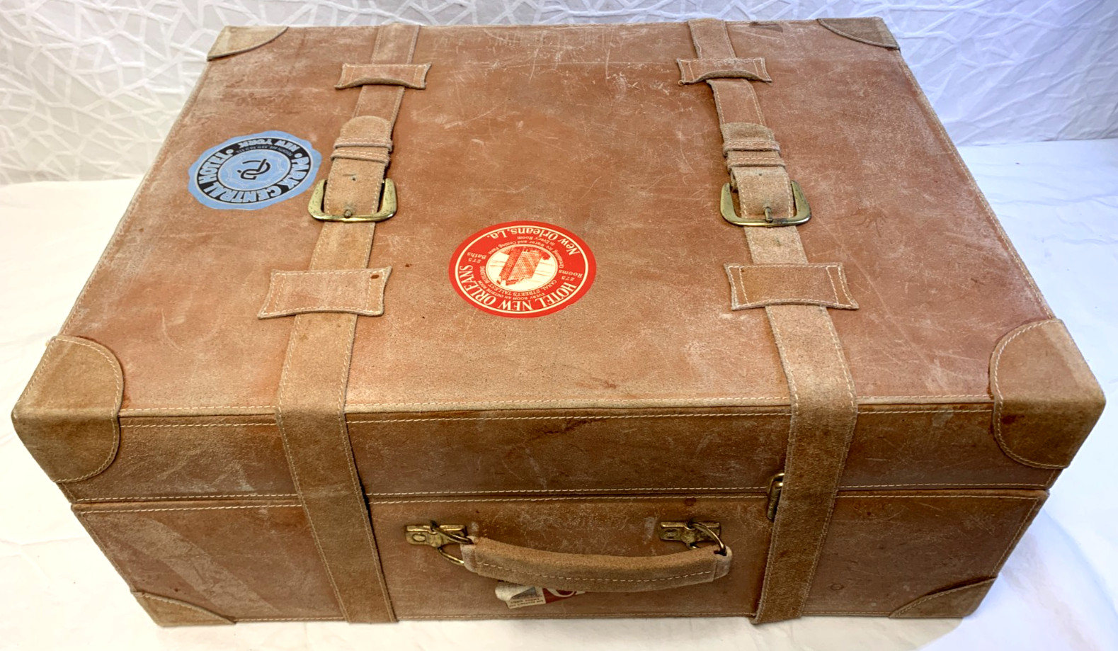 Set 3 Genuine Split Skin Moroccan Suede Leather Belted Suitcases Travel Stickers