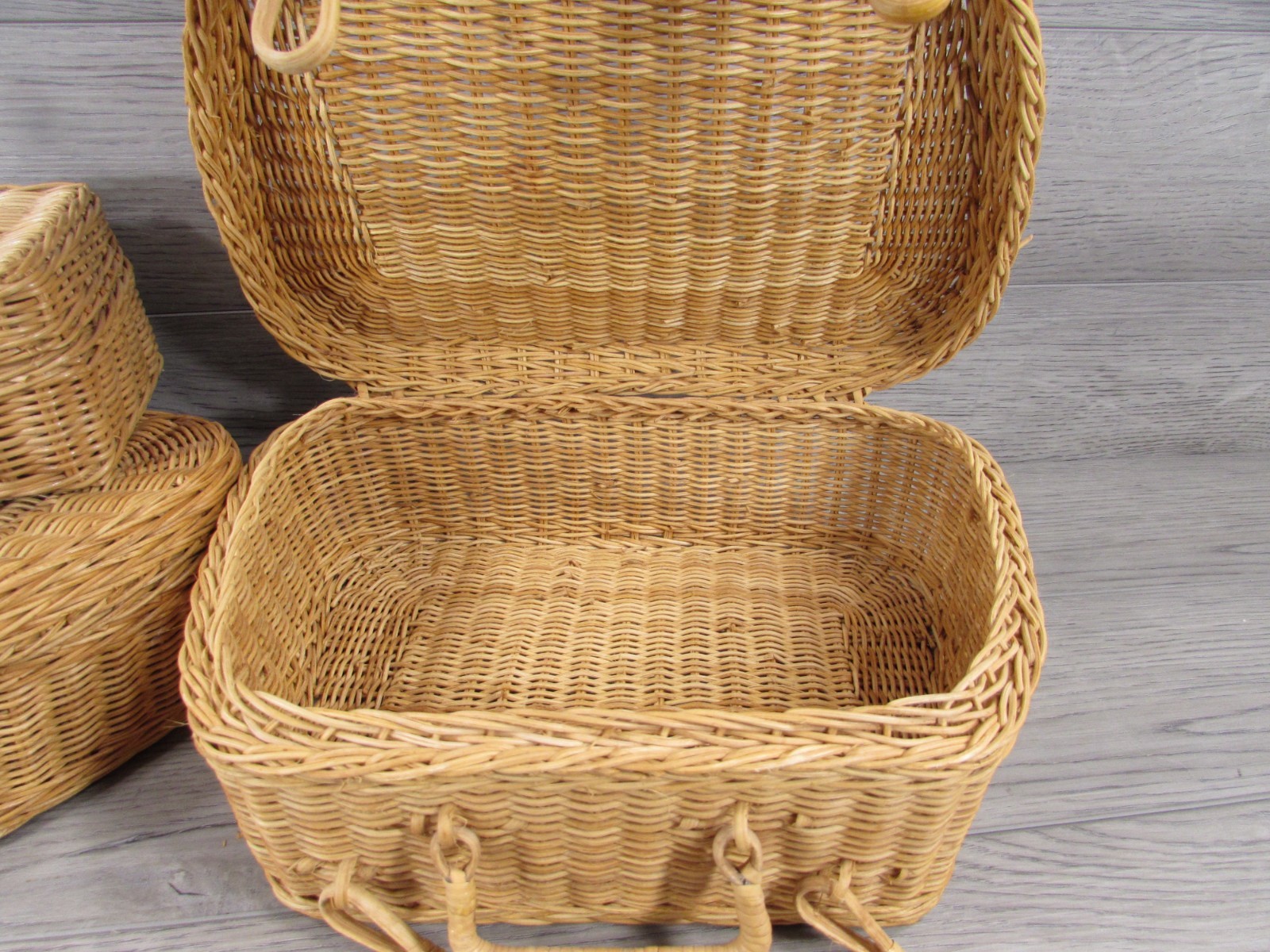 Vintage Woven Rattan Wicker Carrying Cases Suitcases Boho Chic Decor Set of 3