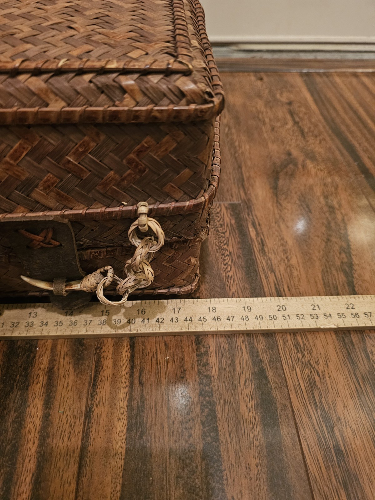 Antique Rattan Travel Case W/Leather & Animal Tooth Closure, Carved Wood Handles