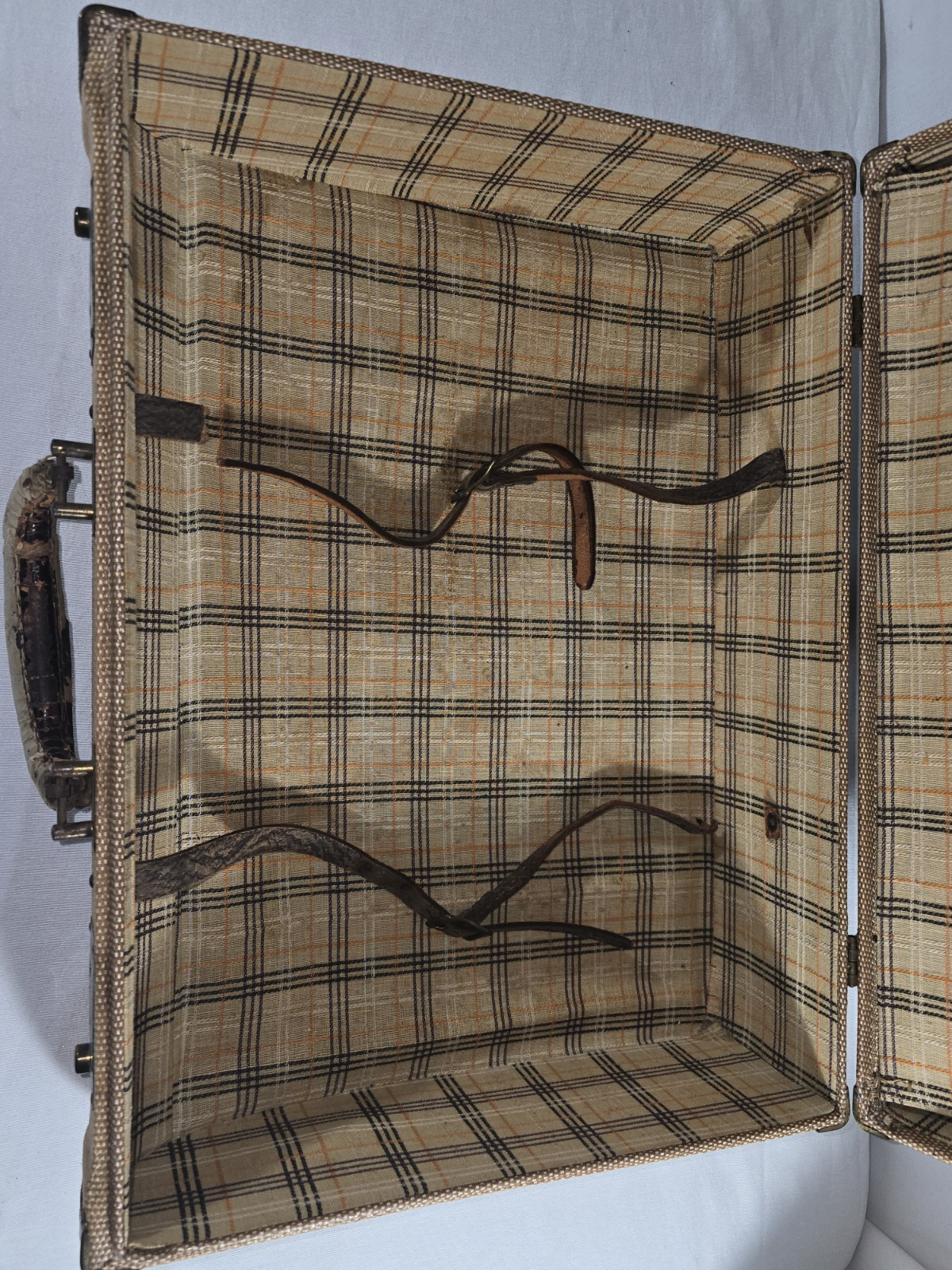 Vintage 1940s Tweed Suitcase Luggage Woven Canvas Plaid Lining Leather Handle