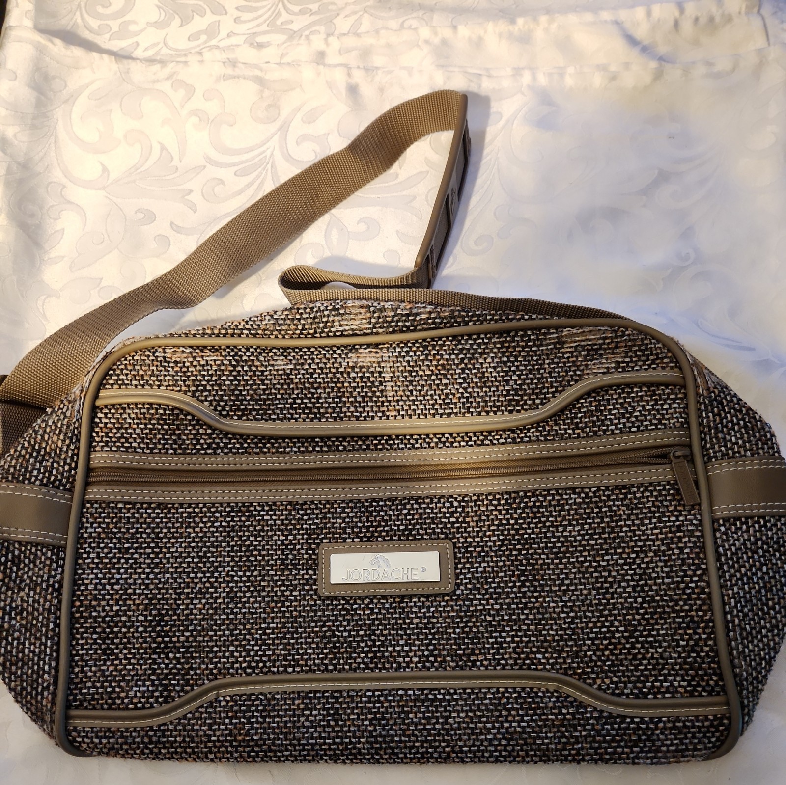 Jordache Brown Tweed Luggage – Overnight Tote With Shoulder Strap 15” X 11”