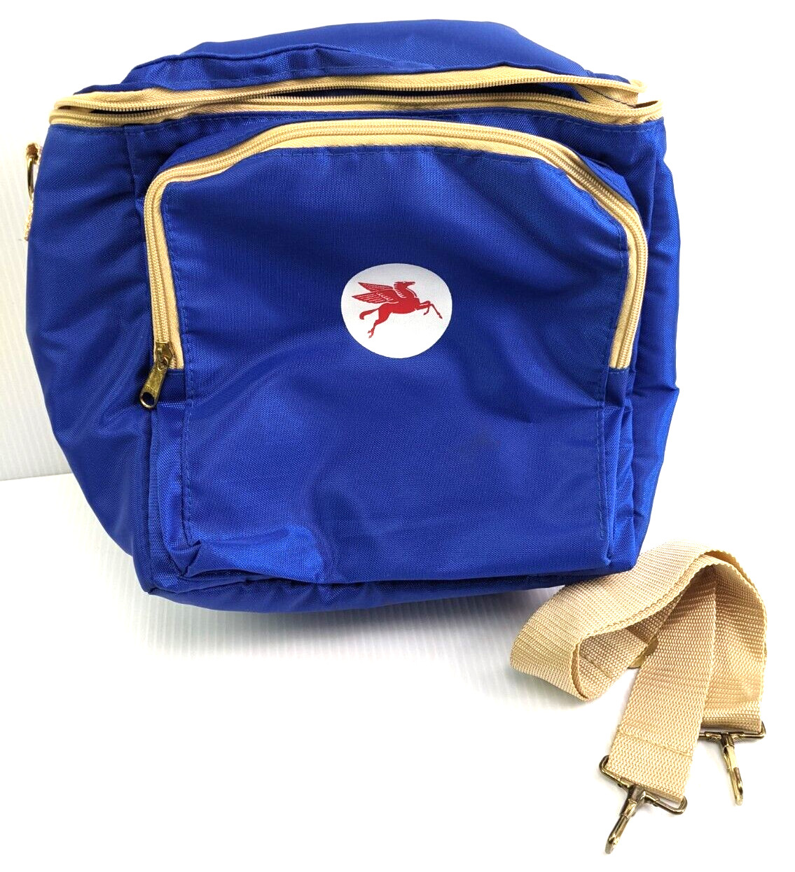 Vintage Carry-on travel bag Mobil Oil logo 1970s Insulated Blue 10″x12″x8″
