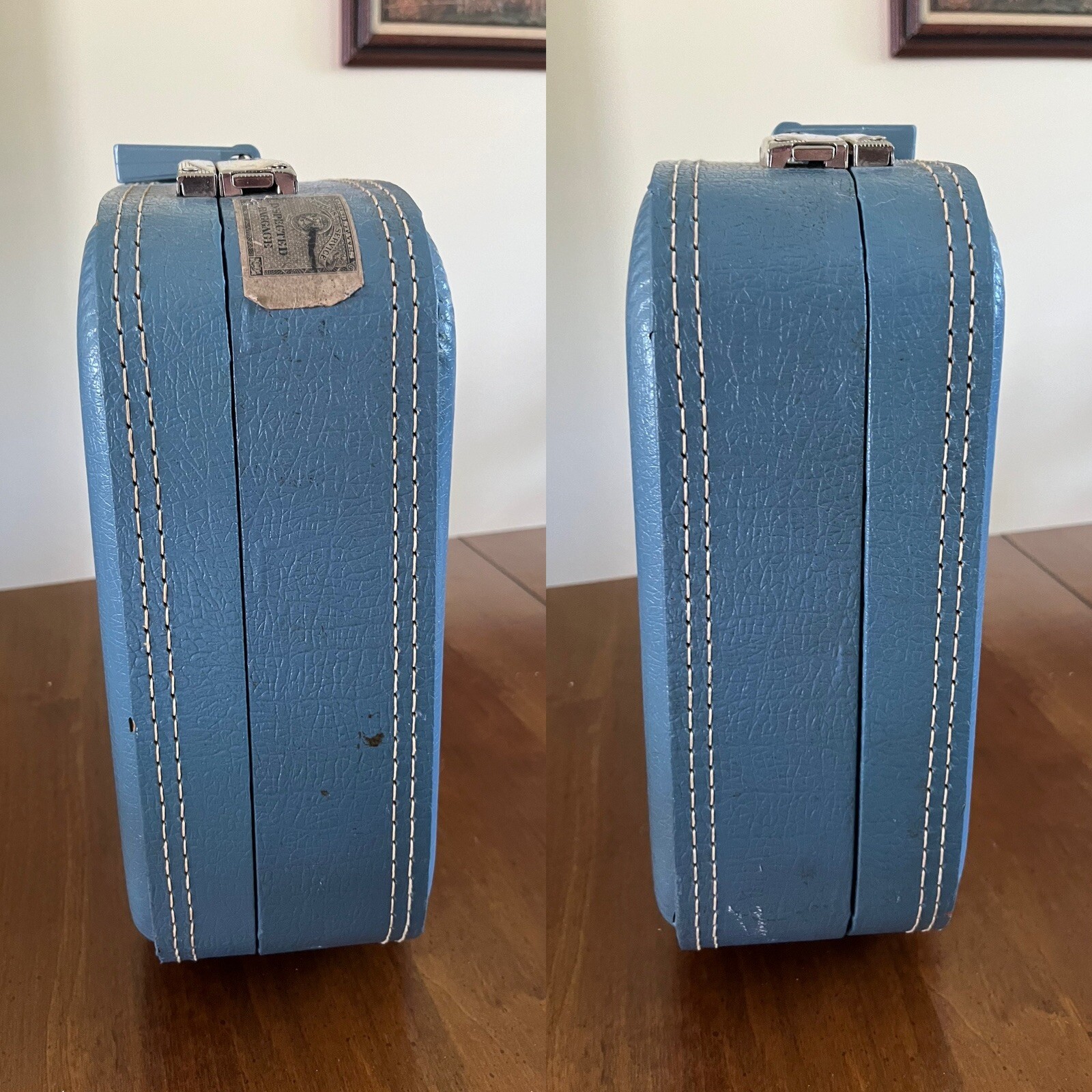 Vtg 16″ Blue Hard Suitcase Travel Carry On Make up Mirror Customs Sticker