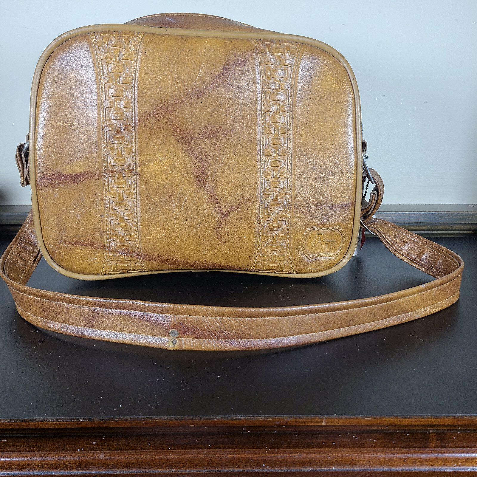 VTG 1975 American Tourister Faux Leather Luggage Bag w/ Shoulder Strap & Tag