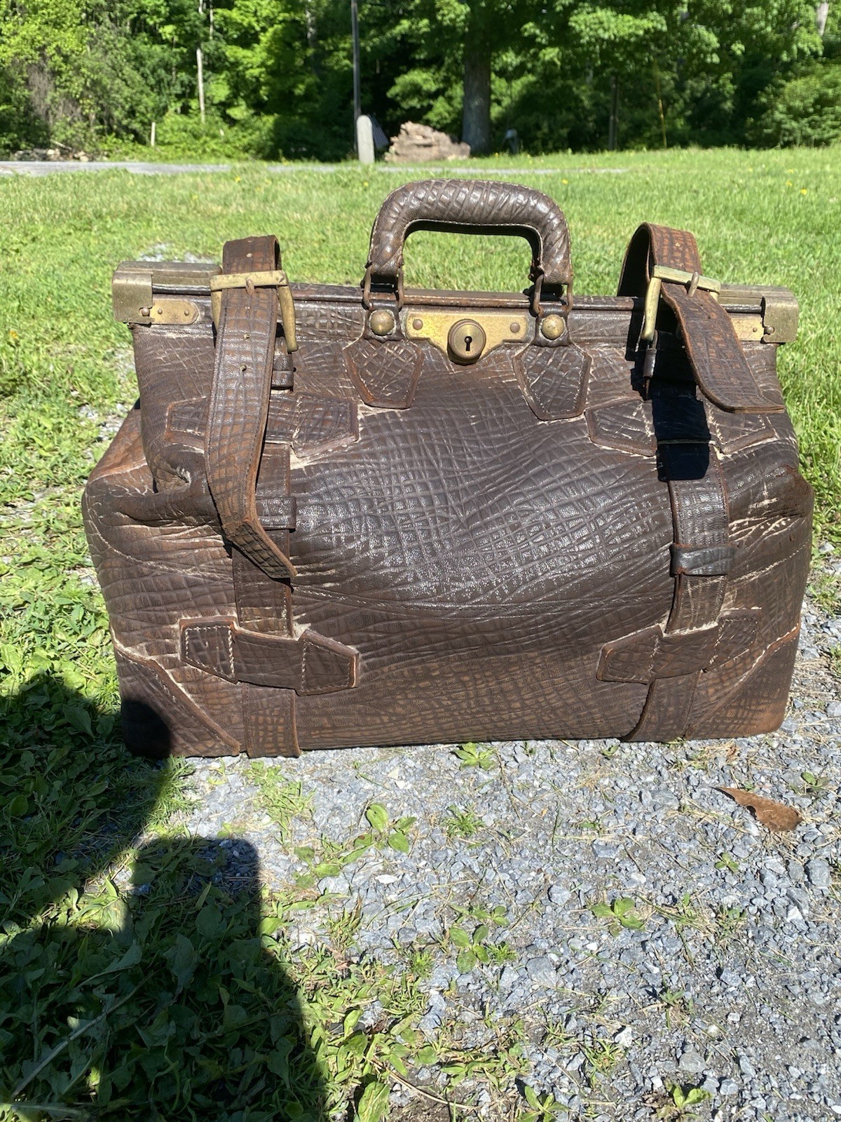 Antique Morris Traveling Goods Walrus Hide Leather Suitcase Brass Lock Vintage