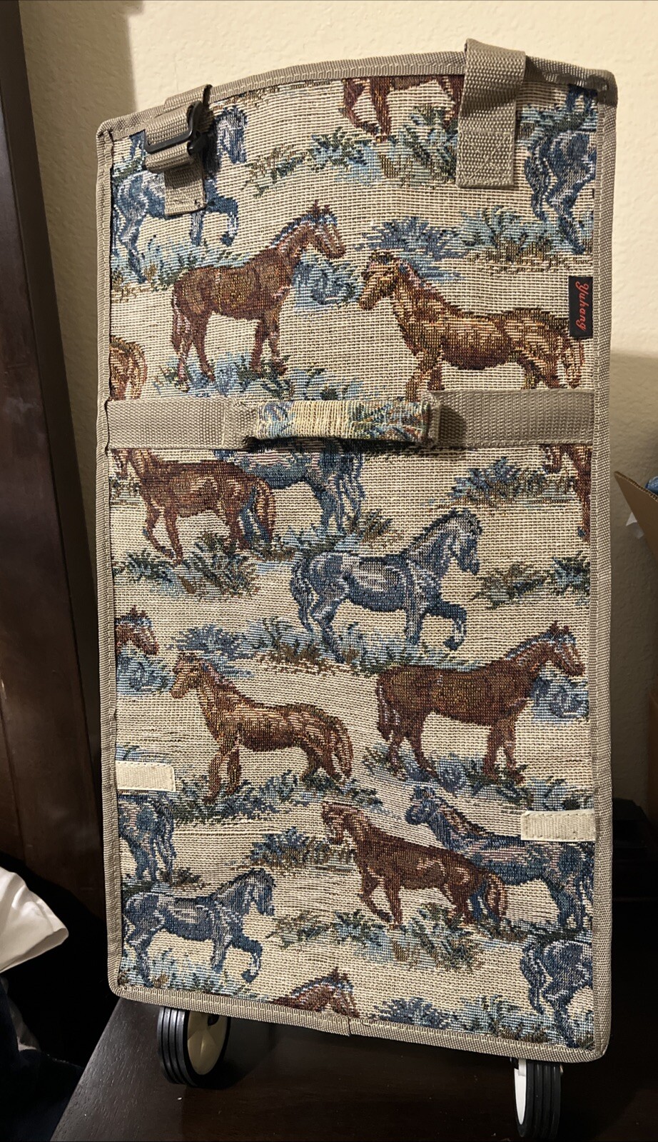 Vtg 90s Rolling Tapestry Horses Travel bag Tote w/Foldable Collapsible wheels