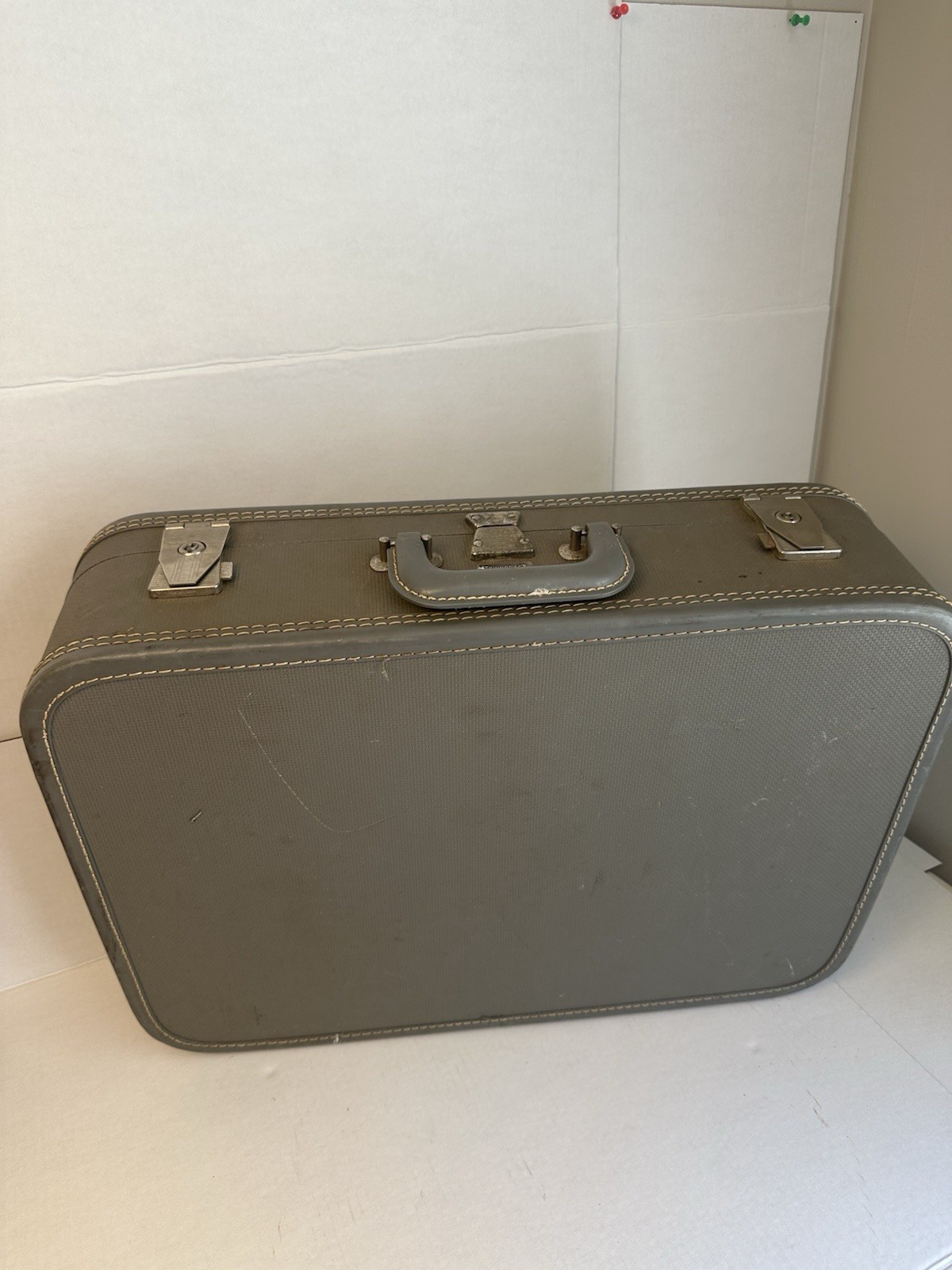 Vintage Towncraft Hard Shell Suitcase Luggage Gray Olive Green Mid Century Prop