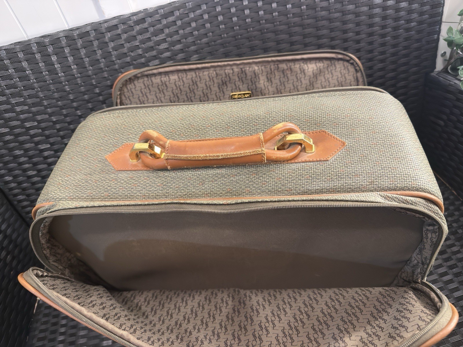 Vintage 1970s YSL Yves Saint Laurent Canvas Suitcase Olive Tan Leather Bag 19 in
