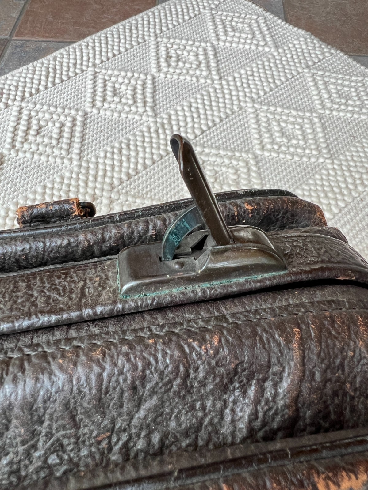 Antique 1930s Pebbled Cowhide Leather Suitcase Brass Triple Lock Depression Era
