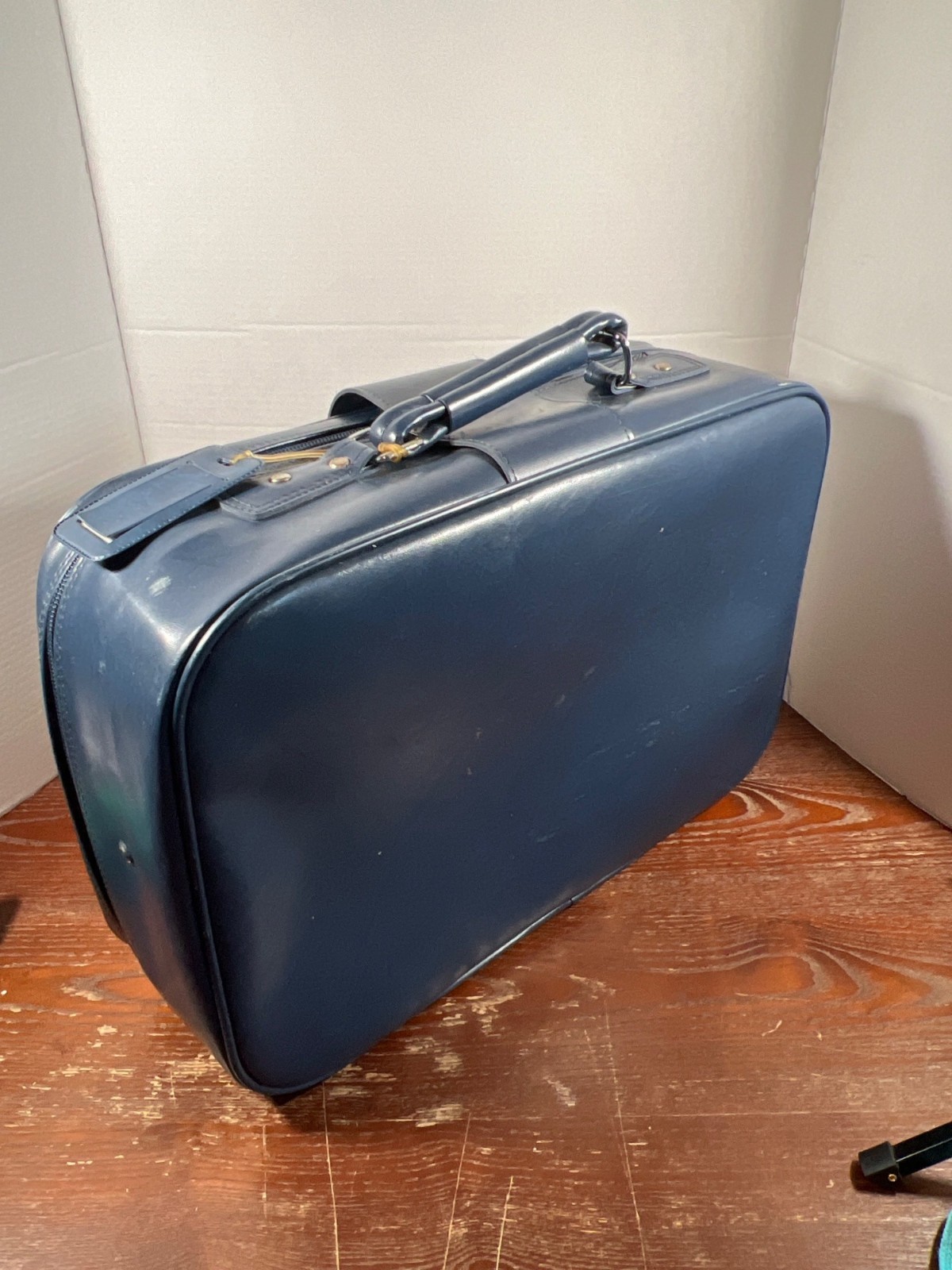 Pierre Cardin Blue Vintage Hard Shell Suitcase W/ Buckle Straps & Leather Handle