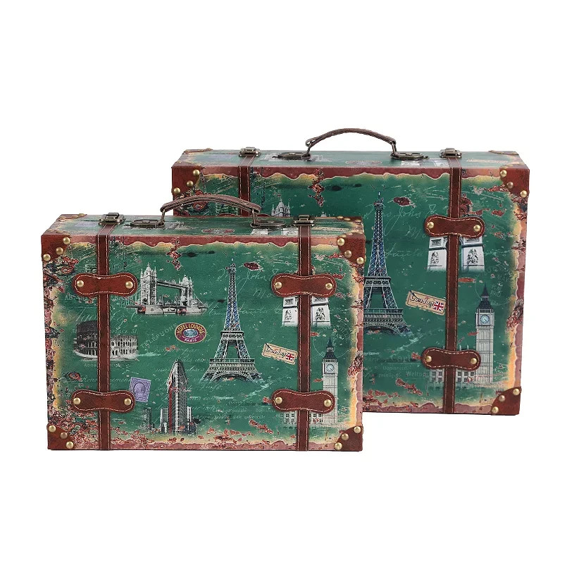 Vintage Style Wooden European Landmarks Luggage Suitcases Set of 2