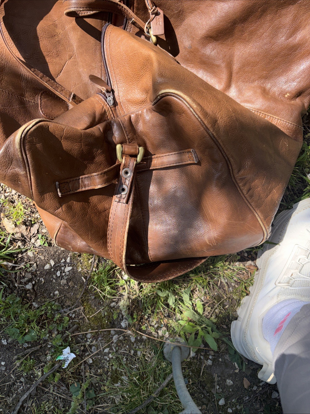Vintage Brown Leather Duffle Bag #207. Tag. Handles And Shoulder Strap Saddlebag