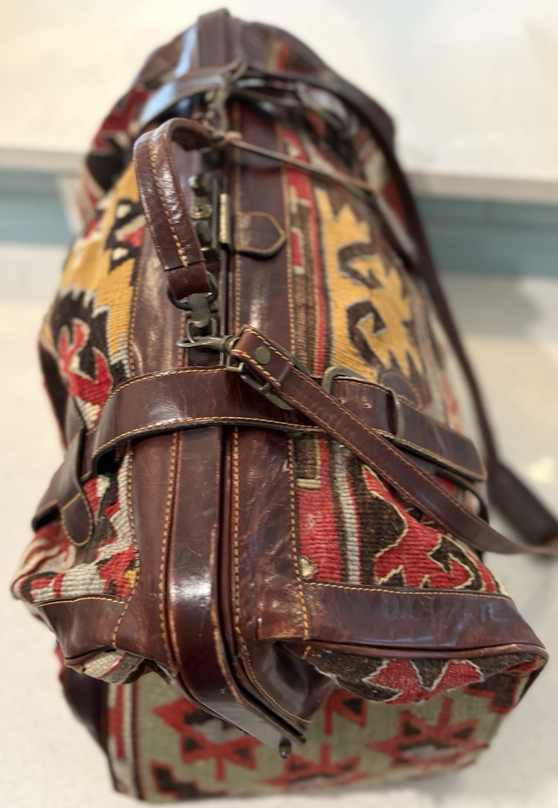 Vintage Leather & Kilim Carry On Travel Weekender Luggage Carpet Bag Overnight