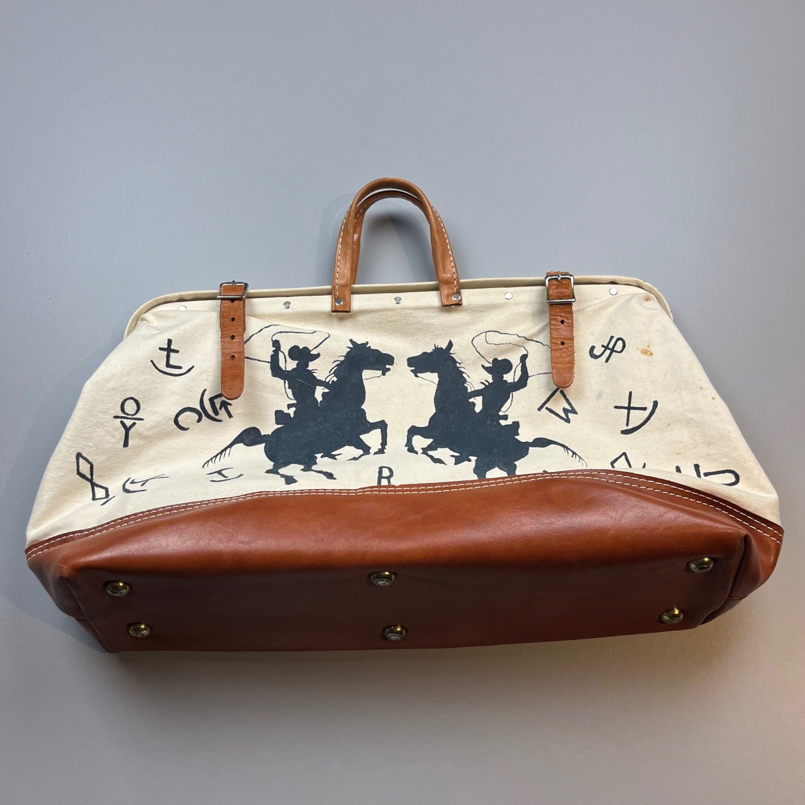 Vintage Canvas Duffel Bag Unisex Large Cream Western Cowboy Hand Painted 1993