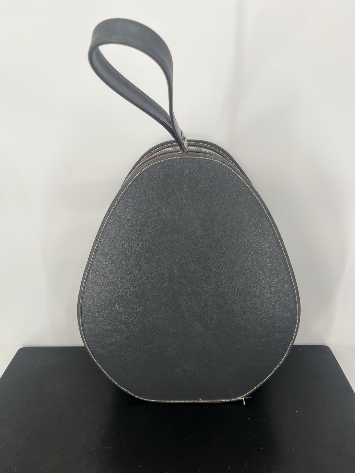 Vintage Train Case Suitcase Oval Teardrop Egg Shape Zipper Closure Handle Gray