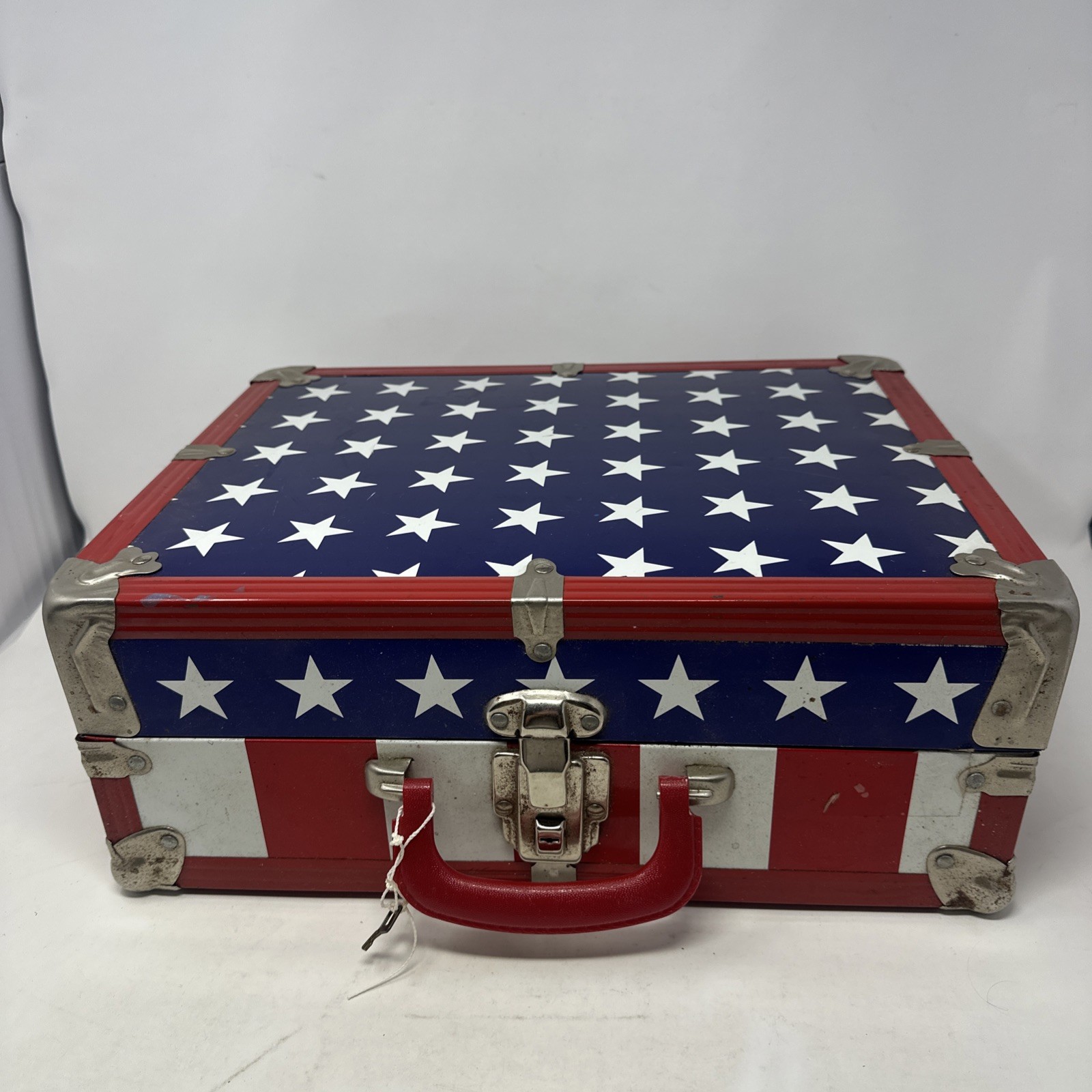 Vtg Hard Case & Long Key Suitcase Luggage Skate Box Travel Red White Blue Flag