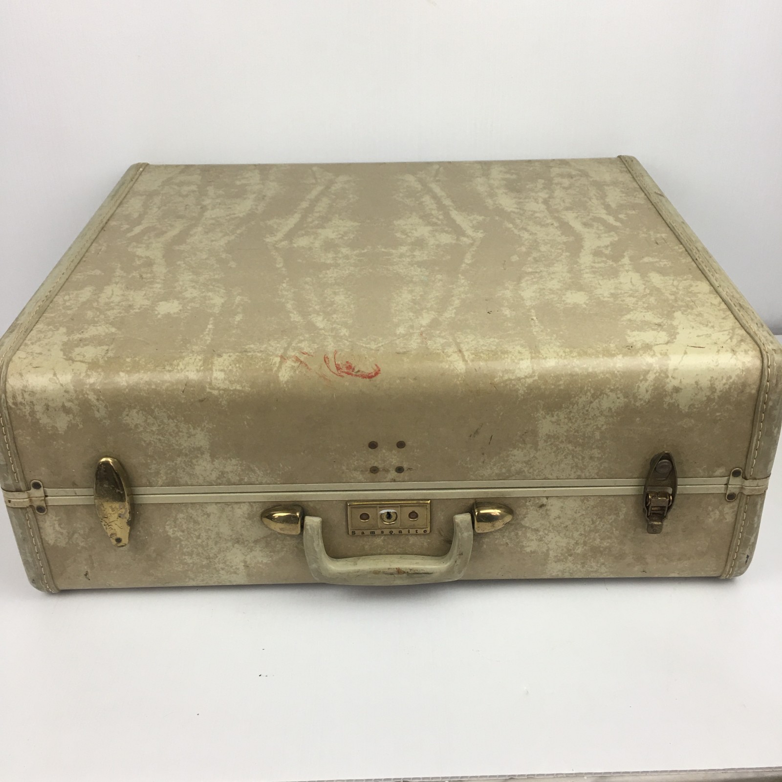 Samsonite Shwayder Streamlite Suitcase Excellent INTERIOR Marbled 21″ Vtg Cream