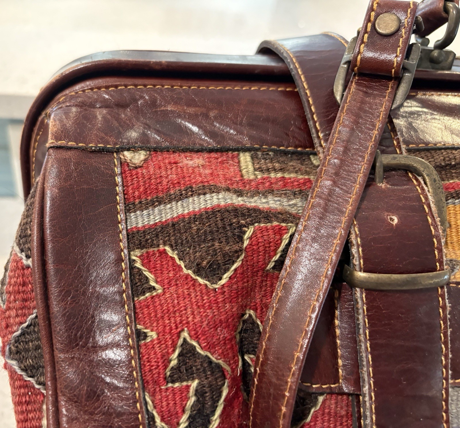Vintage Leather & Kilim Carry On Travel Weekender Luggage Carpet Bag Overnight
