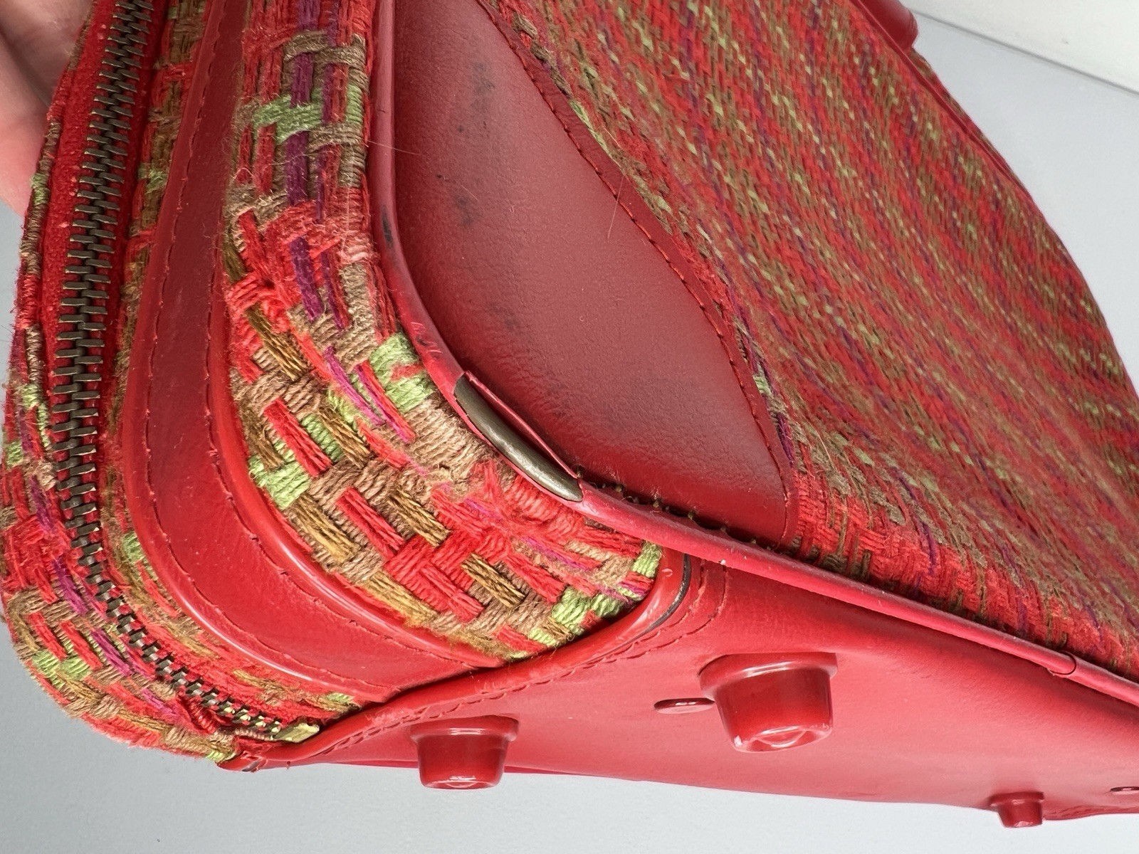 Vintage Suitcase Plaid Made in Japan Red Vinyl Pockets Zipper Retro Travel