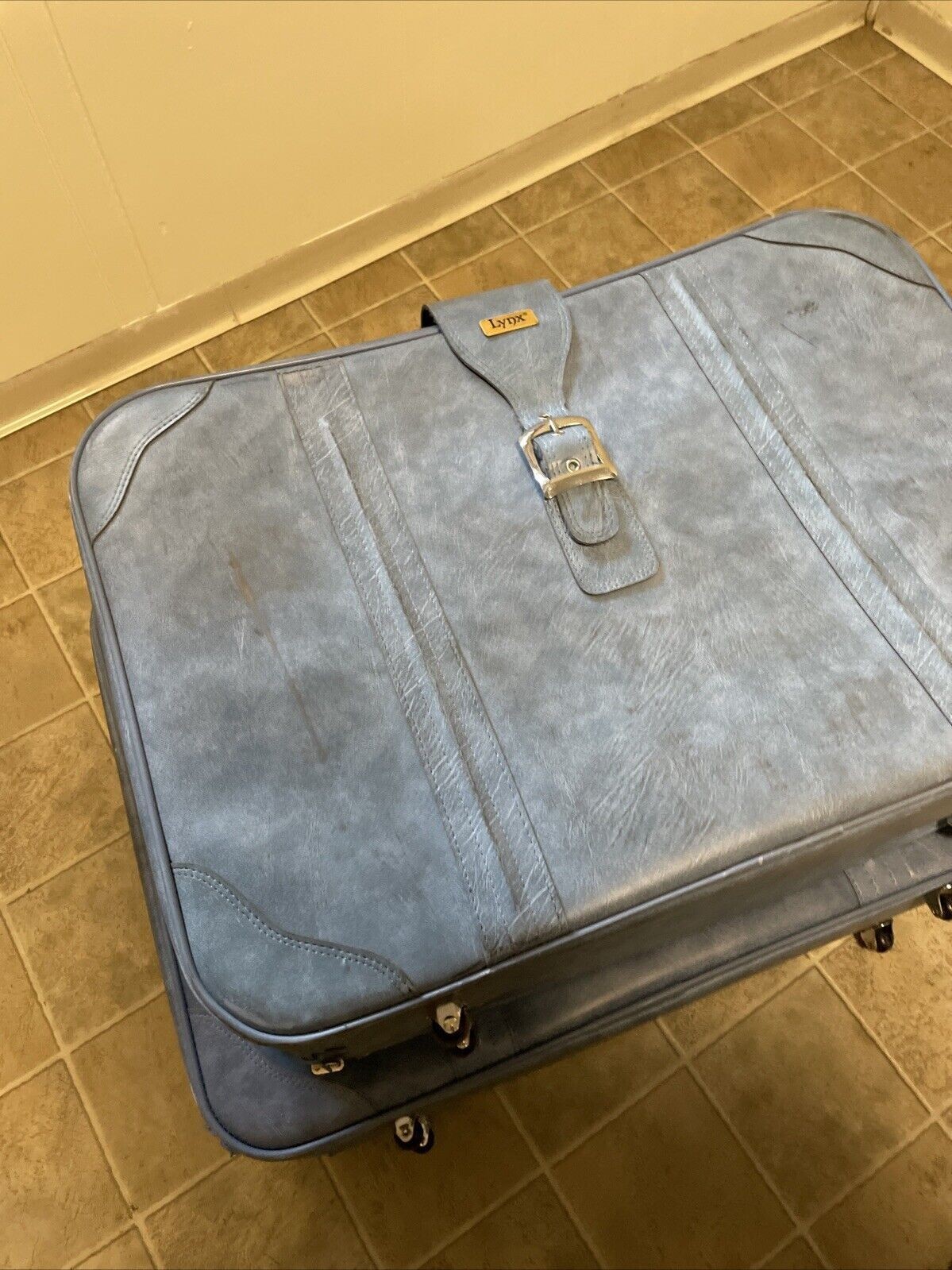 5 PCS Vintage LYNX Blue Vinyl SuitCase Luggage Set HTF W/ Lock & Key