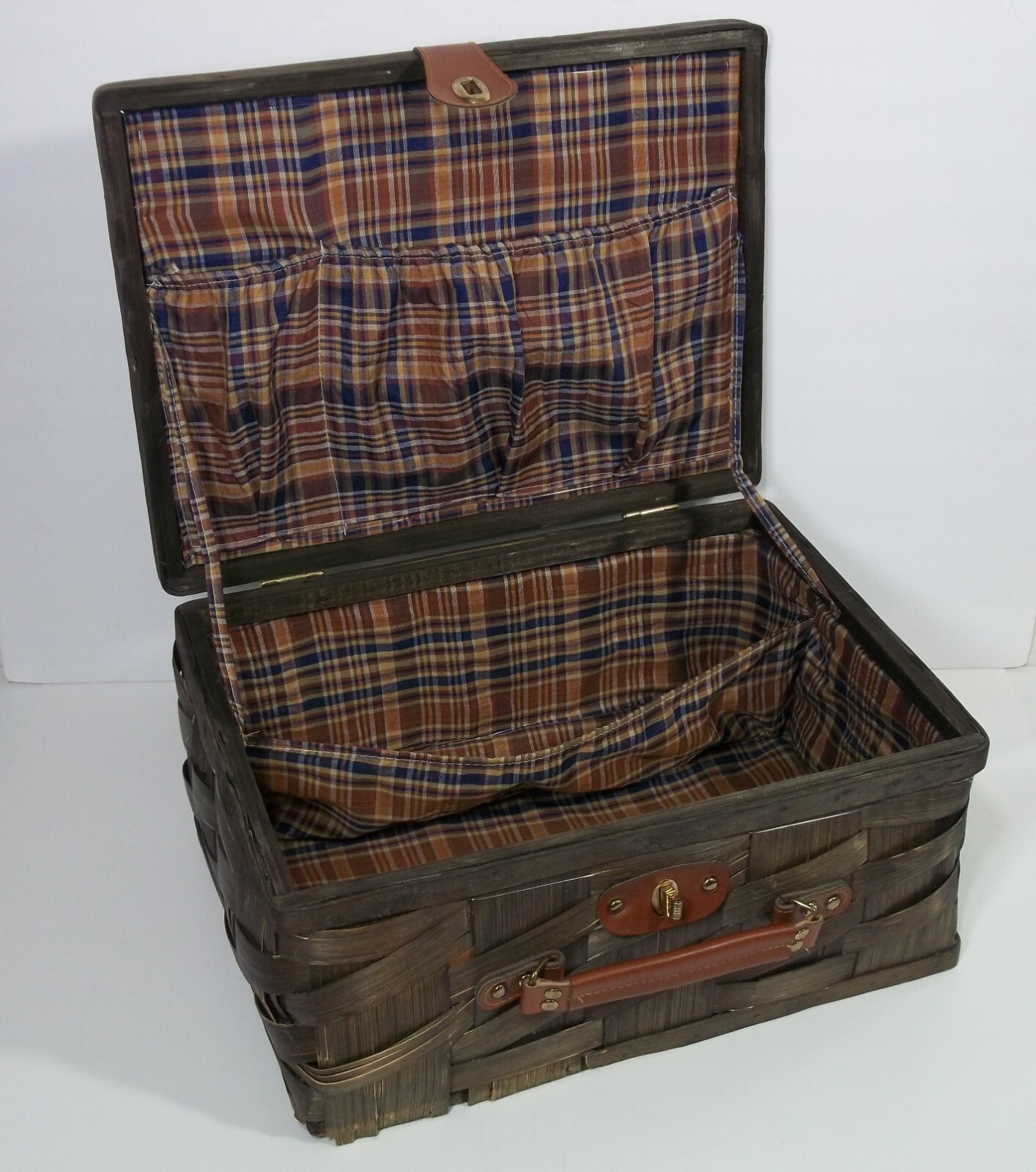 Wide Split Bamboo Suitcase Overnight Bag Carry On Leather Handle & Closure Strap