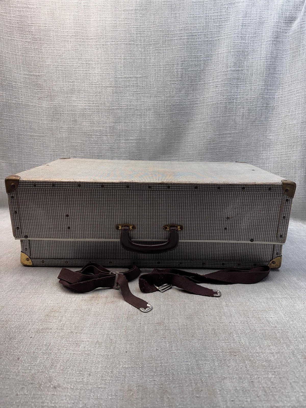 Vintage Gray Canvas Hard Suitcase Trunk Travel Luggage Storage Case Box As Is