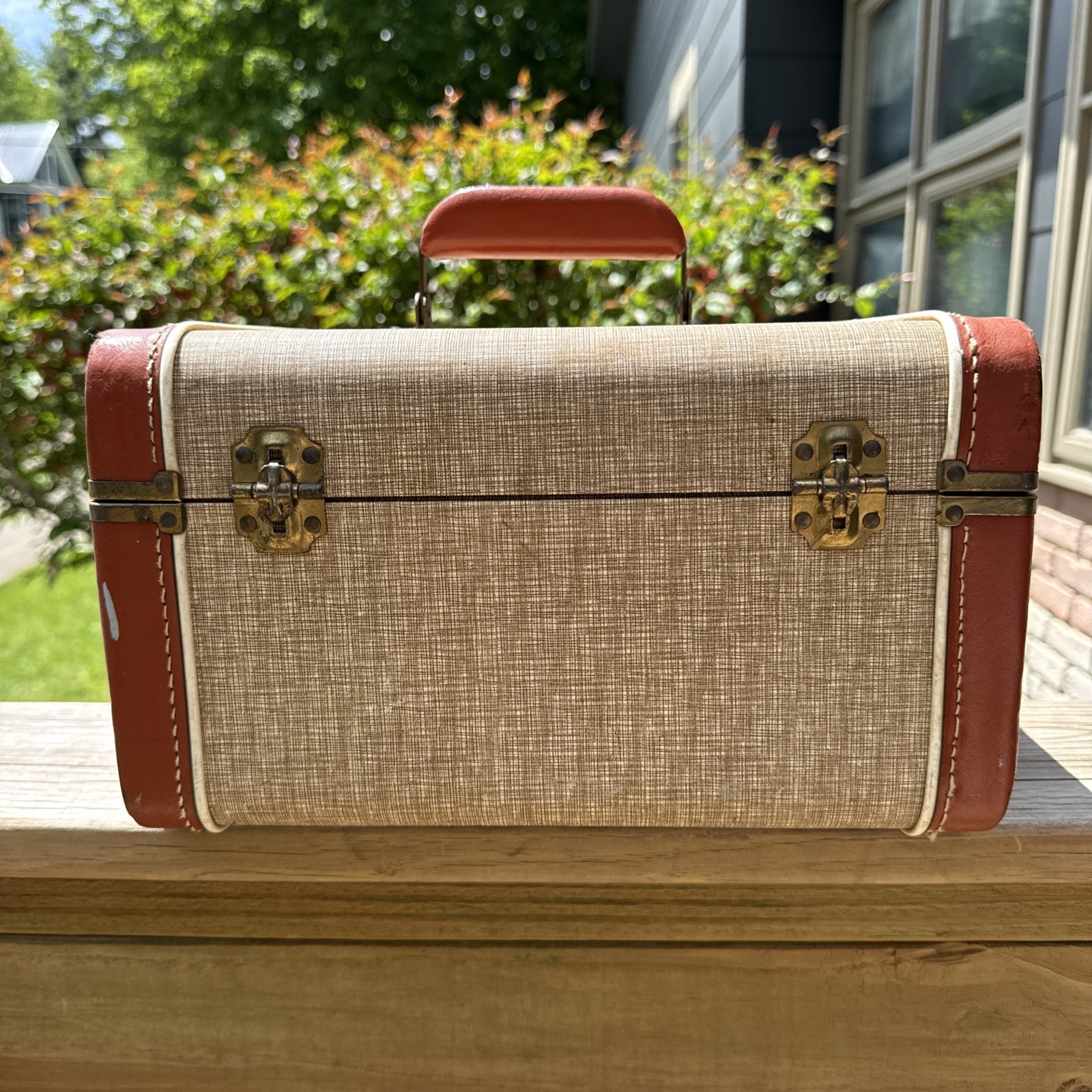 1940-50s Vintage Train Tweed Look/Leather Vanity Case See Pictures 12”X8.5”X7”