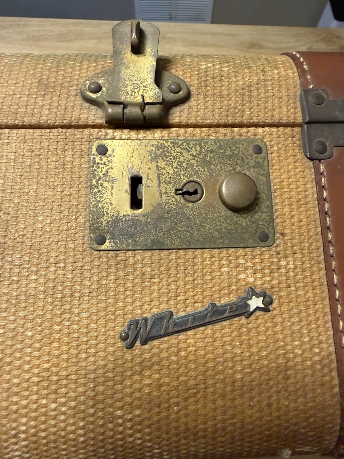 Vintage White Star Luggage Tweed / Tan Leather Trim Suitcase