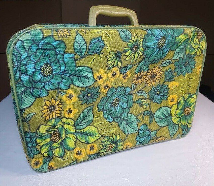 Vintage Bantam Travelware Floral Blue Yellow Mod Pattern Suitcase Luggage 60’s